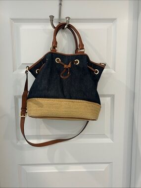 Michael Kors Denim and Straw Bucket Shoulder Bag with Brown Trim